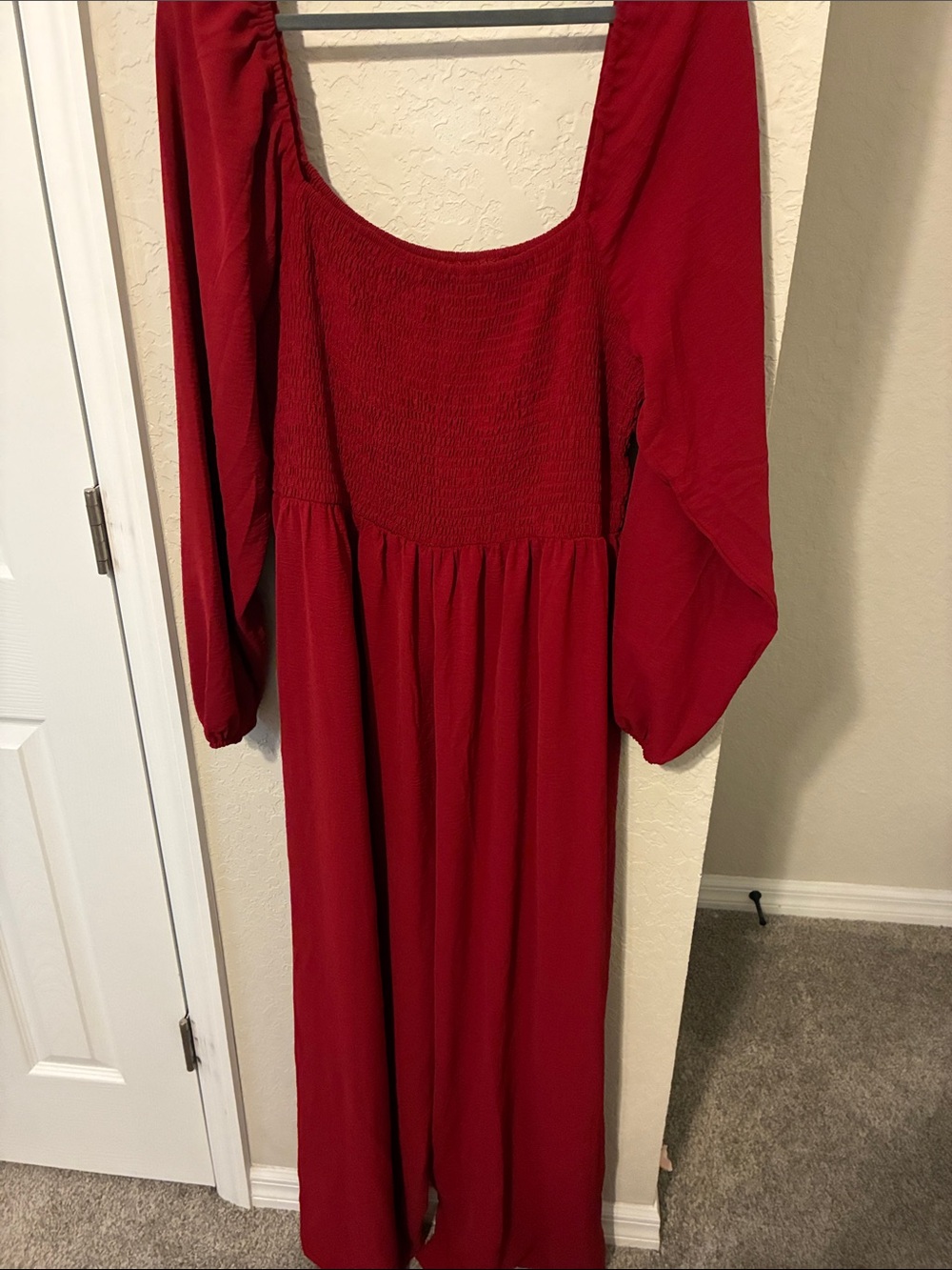 Women’s Red Smocked Bodice Long Sleeve Maxi Dress